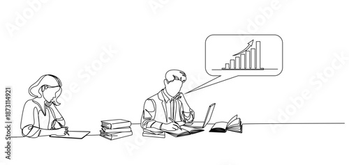 A continuous line drawing depicting a team of entrepreneurs working on laptops and displaying a growing bar graph, symbolizing financial success, data analysis, and an upward business trajectory.