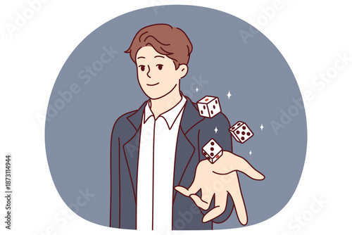 Man throws dice inviting you to visit casino and try your luck at roulette with big cash prize. Lucky guy with smile looks at screen demonstrates dice for gambling in las vegas casino