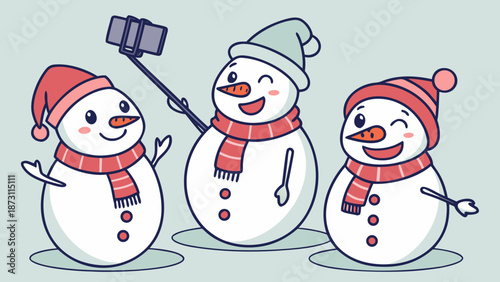 Festive Snowmen Taking a Selfie Together.