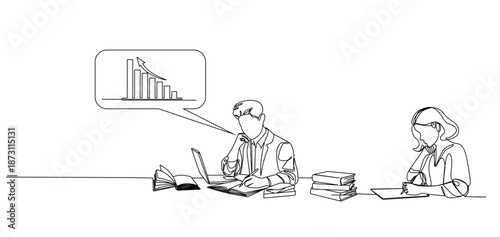 A continuous line drawing depicting a team of entrepreneurs working on laptops and displaying a growing bar graph, symbolizing financial success, data analysis, and an upward business trajectory.