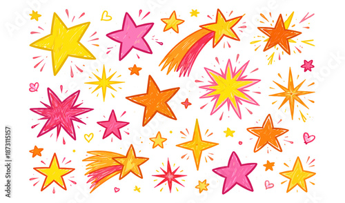 Hand-drawn collection of colorful stars and shooting stars with sparkles and hearts