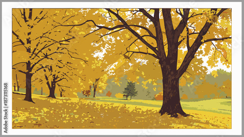 Golden Autumn Landscape with Trees and Fallen Leaves.