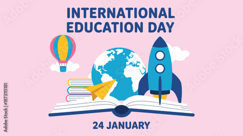 International Education Day illustration with globe, books, rocket and hot air balloon celebrating learning, innovation, knowledge and global education