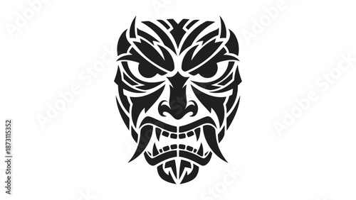 Detailed black tribal mask illustration with sharp teeth and intense expression on white background for design and cultural projects with black illustration