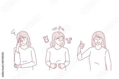 Healthcare and taking medicine concept. Young girl having headache standing then taking some pills with water and then feeling healthy and positive vector illustration