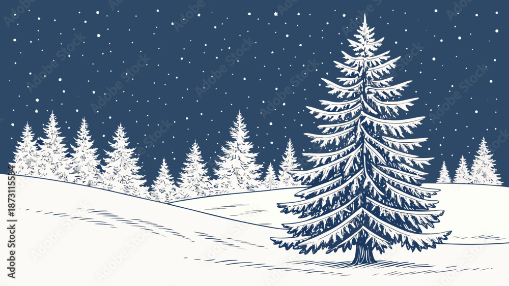 Obraz premium Snowy Winter Landscape with Pine Trees and Starry Sky.