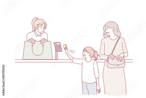 Family shopping and paying with card concept. Smiling daughter and mother paying with card during shopping together in store vector illustration
