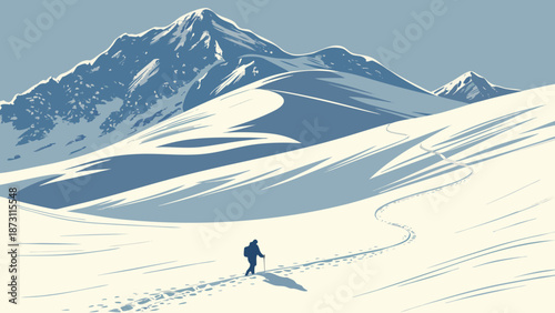 Solitary Skier in Snowy Mountain Landscape Illustration.