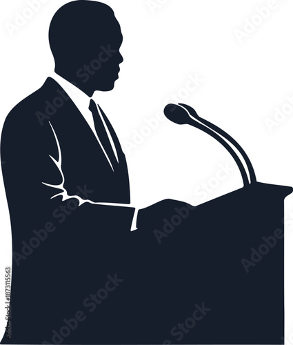 Man Speaking at Podium with Microphone Silhouette Vector Isolated on White Background