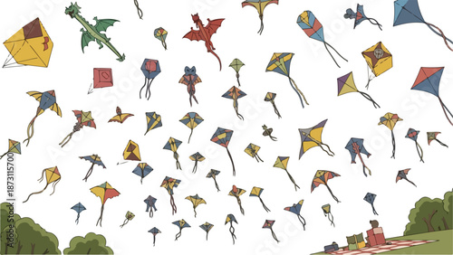 A vibrant collection of colorful kites soaring high in the clear sky above a green landscape creating a festive and playful atmosphere.