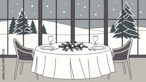 Winter Dining Scene Cozy Table Setting with Snowy View.