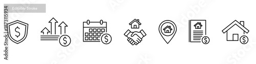 Real estate house icon set, featuring property, investment, deal, contracts, location and housing finance symbols. featuring houses for sale, home buying, handshakes, and money symbol. for business