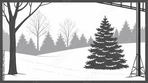 Winter Landscape with Evergreen Tree and Bare Trees.