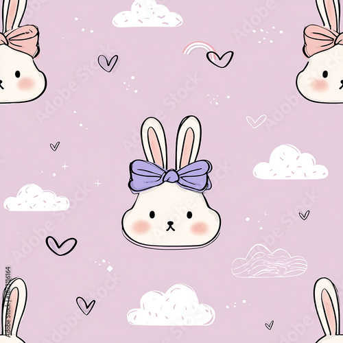 Sweet cartoon bunny faces arranged in a seamless pattern on a dreamy purple background.  made with generative AI