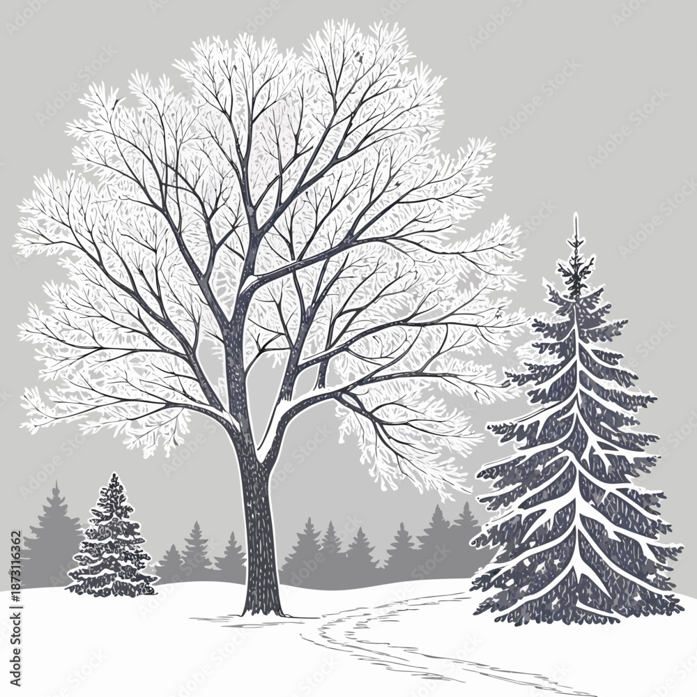 Fototapeta premium Winter Landscape with SnowCovered Trees and a Winding Path.