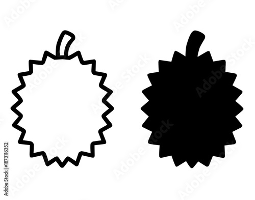 Tropical fruit icon, durian illustration in outline and silhouette style