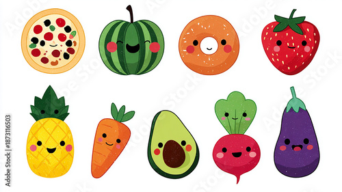 Cute kawaii food and vegetable character stickers collection featuring watermelon, carrot, beetroot, kiwi, pizza, pineapple, brinjal, strawberry, and donut.  made with generative AI