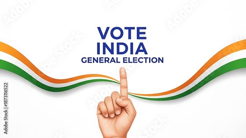 Vote India General Election - Hand with Voting Ink and Indian Flag Waves.
