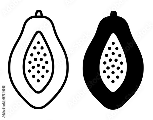 Tropical fruit icon, papaya illustration in outline and silhouette style