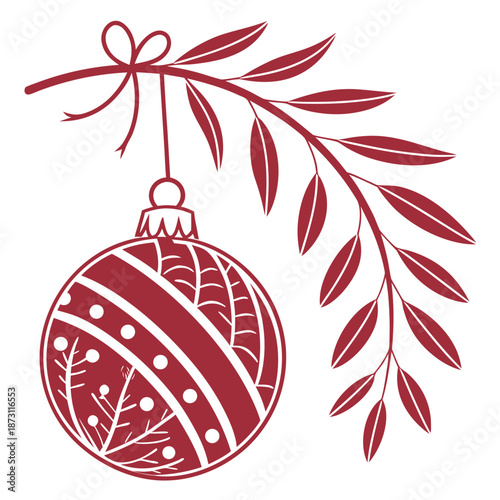 A flat illustration depicts a single colorful christmas ornament on a white background