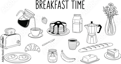 Breakfast Time Hand Drawn Food Collection with Coffee Bread Pancakes Kitchen Items Sketch Vector Illustration