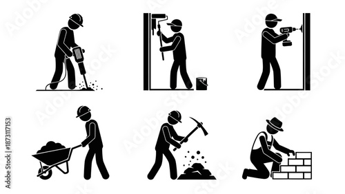 Illustrations of construction workers performing various tasks such as drilling, painting, and bricklaying