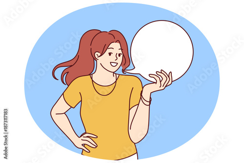 Woman is holding white speech bubble symbolizing good idea or interesting offer. Girl with empty dialogue cloud is happy to share idea, calling for joint discussion of important issue.