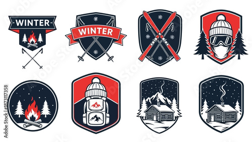 Collection of winter-themed emblems and icons for outdoor activities like skiing and camping