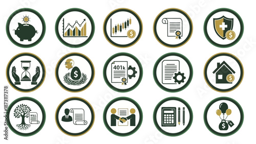 Modern Financial Planning and Investment Icon Collection – Essential Pictograms for Savings, Retirement, Real Estate, and Business Growth Strategies
