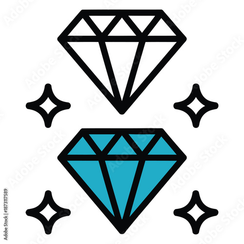 Diamond gemstone icons in outline and filled style isolated on white background representing luxury, value, jewelry and premium quality concept