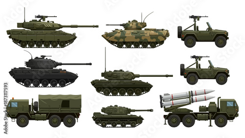 Collection of various military vehicles, including tanks, armored personnel carriers, and missile launchers, illustrated in a pixel art style