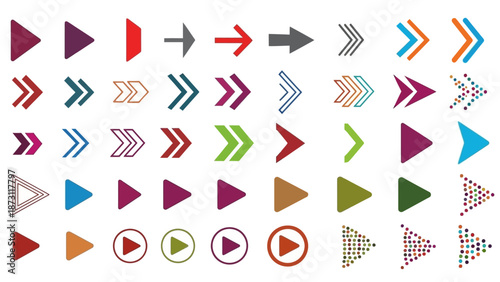 Dynamic collection of vector arrows and play button icons, featuring diverse styles and vibrant colors for user interface and graphic design applications