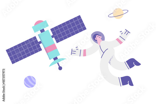 Spaceman in costumer with satellite in open space