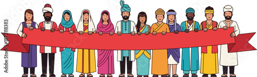 Diverse Group of People Holding a Red Banner Representing Unity and Cultural Diversity.