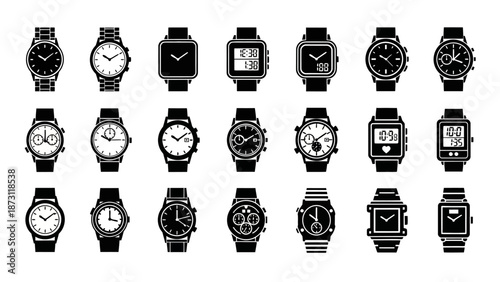 Comprehensive Collection of Original Vector Wristwatch Icons, showcasing diverse styles for modern graphic design projects and digital interfaces with precision