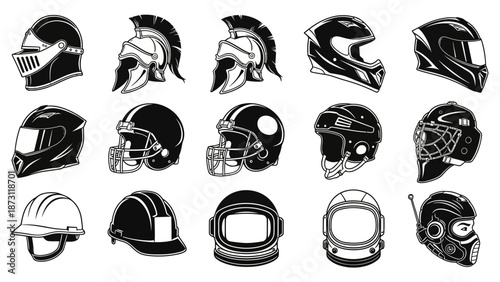Collection of Various Helmets and Head Protection Gear for Safety and Sports