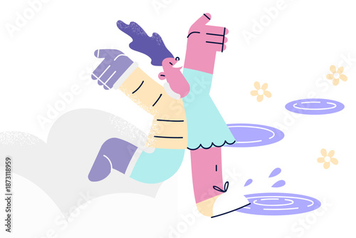 Happy girl in different clothes walk in various seasons