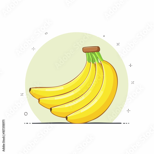 Bunch of Yellow Bananas Ripe Tropical Fruit with Green Stems on Light Green Circular Background with Outline Accents
