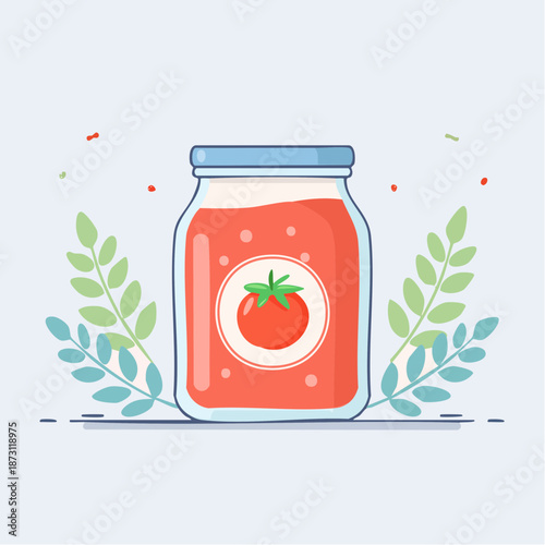 Clear Glass Jar Filled With Red Tomato Sauce Topped With Blue Lid Adorned With A Tomato Emblem Surrounded By Green Leafy Stems Against A Light Blue Gradient Background