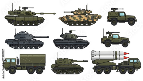 Collection of Pixel Art Military Vehicles including Tanks, Trucks, and Rocket Launchers