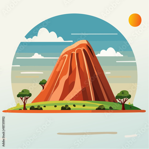 Vast Desert Landscape With Iconic Red Rock Formation Under A Bright Orange Sun And Blue Sky With Wispy Clouds In A Pixel Art Style
