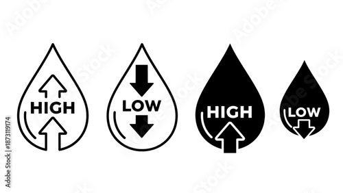 Collection of graphic icons representing high and low liquid levels, featuring distinct arrows and text within a drop shape to effectively indicate status, volume, or pressure measurements