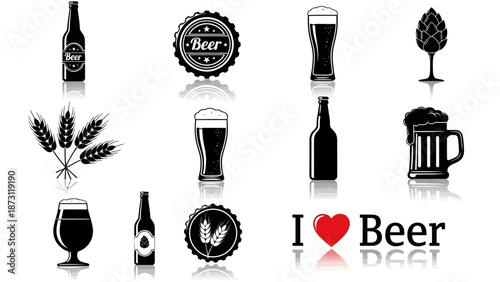 Black and white vector icons for beer essentials bottles, glasses, mugs, wheat, hops, and bottle caps. Ideal for beverage industry designs, menus, and promotional content