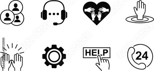 Customer service and technical support icon set featuring call center headset help desk 24 hours assistance and teamwork community symbols