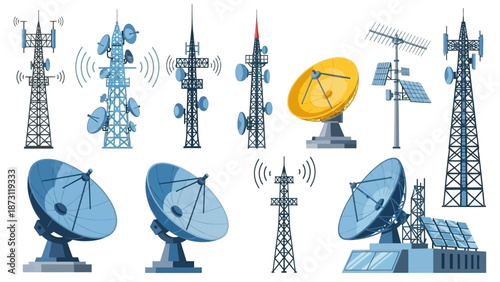 Digital illustration of telecommunication towers, radio antennas, and satellite dishes. Infrastructure for global communication, wireless networks, and broadcasting technology