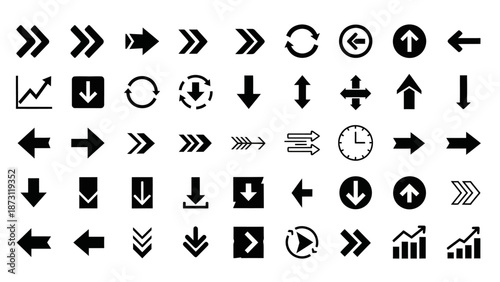 Collection of directional arrows, refresh symbols, loading icons, and charting graphics for digital interfaces and data visualization