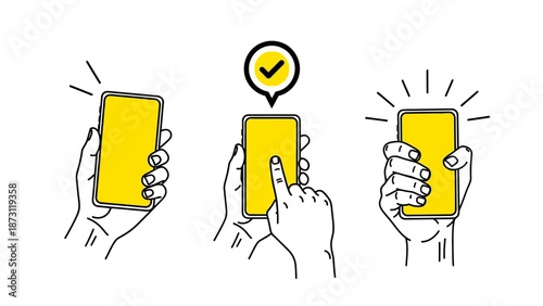 Dynamic mobile phone interactions and user engagement on glowing screens, illustrating successful app confirmations and digital connectivity