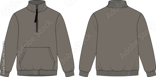 Grey quarter zip pullover sweatshirt mockup template with front and back view for technical fashion apparel design and urban branding