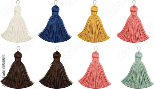 Set of colorful decorative silk tassels with hanging loops for fashion accessories home decor craft projects and jewelry design elements