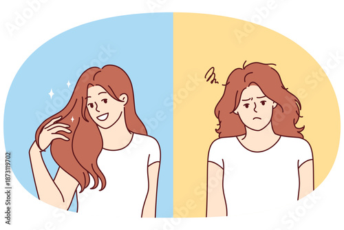 Woman before and after going to hairdresser to get rid of hair problems and create beautiful hairstyle. Comparison of shaggy girl with lady female with fashion hairdresser for shampoo advertisement